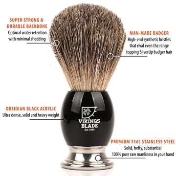 Luxury Shaving Brush for Men by VIKINGS BLADE - Ultra Heavy Acrylic & 316L Steel Handle, Minimal She...