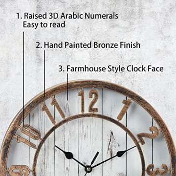 Silentime 12 Inch Vintage/Retro Wall Clock,Farmhouse Style,Silent Non-Ticking,Raised 3D Arabic Numer...