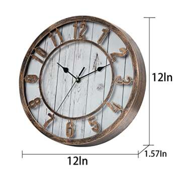 Silentime 12 Inch Vintage/Retro Wall Clock,Farmhouse Style,Silent Non-Ticking,Raised 3D Arabic Numeral,Clocks for Living Room/Bathroom/Kitchen Decor,Bronze Finish