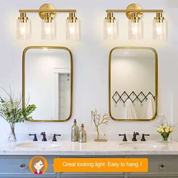 Watyo Bathroom Light Fixtures Gold Vanity Light 3 Light Wall Sconces Lighting Brushed Brass Lights with Clear Glass Shades Bath Wall Lamp for Mirror Kitchen
