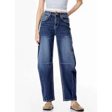 Sidefeel Women's Barrel Jeans Wide Leg Vintage Mid Rise Y2k Baggy Boyfriend Denim Pants Size 8 Deep Blue