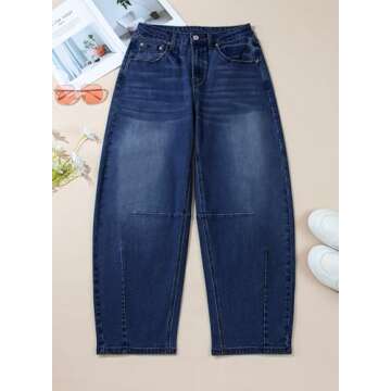 Sidefeel Women's Barrel Jeans Wide Leg Vintage Mid Rise Y2k Baggy Boyfriend Denim Pants Size 8 Deep Blue