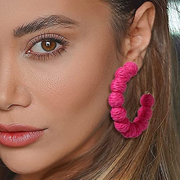Rattan Earrings Statement Rattan Hoop Earrings for Women Woven Bohemian Earrings Handmade Straw Wicker Braid Big Drop Dangle Earrings for Summer Beach Jewelry (Hot Pink)