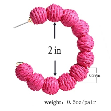 Rattan Earrings Statement Rattan Hoop Earrings for Women Woven Bohemian Earrings Handmade Straw Wicker Braid Big Drop Dangle Earrings for Summer Beach Jewelry (Hot Pink)
