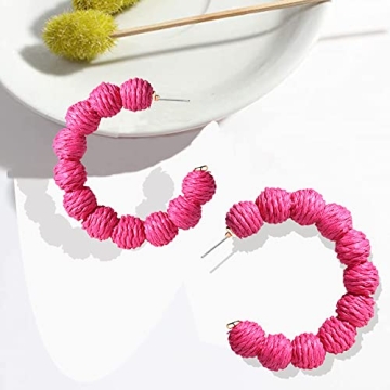 Rattan Earrings Statement Rattan Hoop Earrings for Women Woven Bohemian Earrings Handmade Straw Wicker Braid Big Drop Dangle Earrings for Summer Beach Jewelry (Hot Pink)