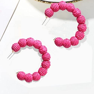 Rattan Earrings Statement Rattan Hoop Earrings for Women Woven Bohemian Earrings Handmade Straw Wicker Braid Big Drop Dangle Earrings for Summer Beach Jewelry (Hot Pink)