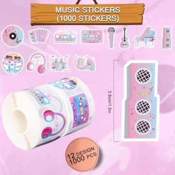 Whaline 1000Pcs Popular Music Stickers Roll Musical Note Guitar Piano Instrument Decals 12 Design Se...
