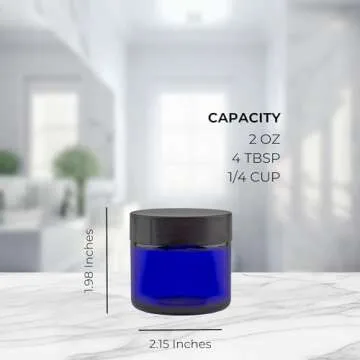 Cornucopia 2oz Cobalt Blue Glass Cosmetic Jars (12-Pack); Straight Sided Jars w/Black Plastic Lined Lids for Balms, Cosmetics, Creams & More