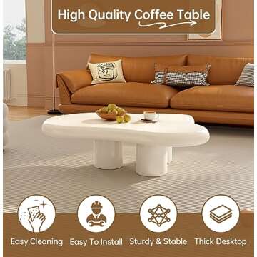 Guyii Cloud Coffee Table, Modern White Coffee Table for Living Room, Cute Irregular Indoor Tea Table with 3 Legs, Easy Assembly (White, 46.06 Inch)