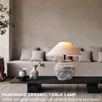 PURESILKS Modern Handmade Ceramic Table Lamp with White Linen Shade