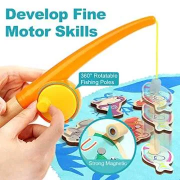 TOP BRIGHT Montessori Toddler Fishing Game - Kids Wooden Magnetic Fishing Toys Gifts for 3 Years Old Girls Boys, Fine Motor Skills for Toddler