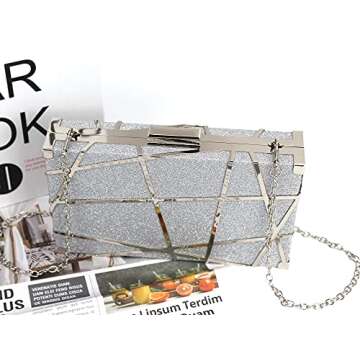 Reberomantic Women Lattice Pattern Metal Handbag Chain Geometric Evening Clutch Purse (Z-Line Silver)