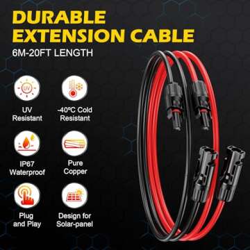 20Ft Solar Cable Solar Extension Cable,10AWGSolar Panel Extension Cable with Female and Male Connect...
