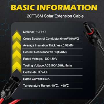20Ft Solar Cable Solar Extension Cable,10AWGSolar Panel Extension Cable with Female and Male Connectors,Waterproof Solar Extension Cable Kit (Red and Black).