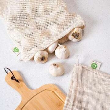 Reusable Garlic Storage Bags - Organic Cotton Garlic Mesh Bags with Drawstring - Washable Garlic Hol...