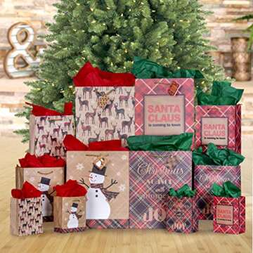 Besti Christmas Gift Bags w/Holiday Tissue Paper and Flat Wrap (28-Piece Set) Small, Medium, and Large Sizes | Reusable Present Giving | Santa Claus, Reindeer, Snowman
