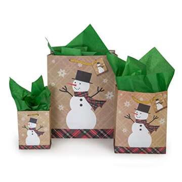 Besti Christmas Gift Bags w/Holiday Tissue Paper and Flat Wrap (28-Piece Set) Small, Medium, and Large Sizes | Reusable Present Giving | Santa Claus, Reindeer, Snowman
