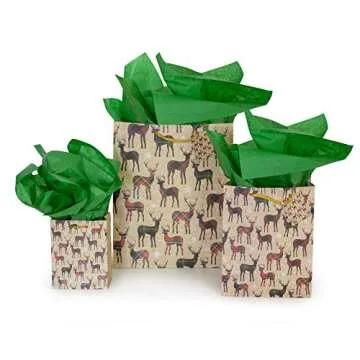 Besti Christmas Gift Bags w/Holiday Tissue Paper and Flat Wrap (28-Piece Set) Small, Medium, and Large Sizes | Reusable Present Giving | Santa Claus, Reindeer, Snowman
