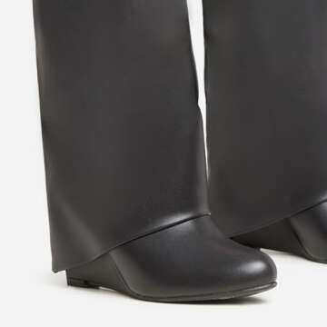 Kluolandi Fold Over Wedge Boots for Women Wide Calf Padlock Knee High Boots Fashion Over The Knee Pull On Boots Black Size 8