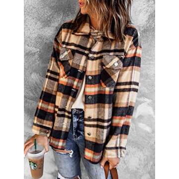 BTFBM Womens Plaid Jacket Long Sleeve Button Down Casual Flannel Shacket Shirts Loose Fall Spring Blouses Tops 2025(Plaid Print Orange, Small)