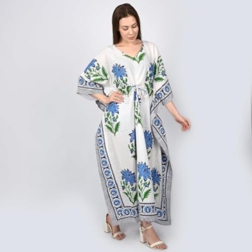 Women's Hand Block Print Cotton Kaftan Dress - Beachwear