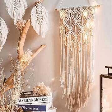 Macrame Woven Wall Hanging Wall Decor Boho Home Chic Bohemian Geometric Art Decor Beautiful Apartment Bedroom Dorm Room Decoration with Light