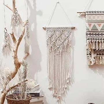 Macrame Woven Wall Hanging Wall Decor Boho Home Chic Bohemian Geometric Art Decor Beautiful Apartment Bedroom Dorm Room Decoration with Light
