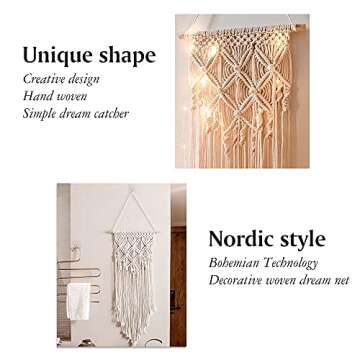 Macrame Woven Wall Hanging Wall Decor Boho Home Chic Bohemian Geometric Art Decor Beautiful Apartment Bedroom Dorm Room Decoration with Light