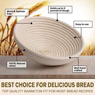 Bread Proofing Basket Set 9.6 Inch Oval and 10 Inch Round Natural Rattan Proofing Baskets with Bread...