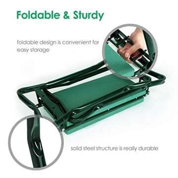 TomCare Upgraded Garden Kneeler Seat Widen Soft Kneeling Pad Garden Stools Garden Bench with 2 Large Tool Pouches Outdoor Foldable Gardening Gifts for Women Men Gardeners, Green