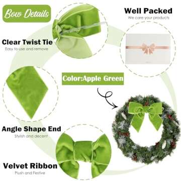 AIMUDI Apple Green Velvet Bows 4.5" Green Velvet Easter Bows Premade Bows Green Twist Tie Bows for Wreaths, Gift Basket, Spring Holiday Decor, Gift Wrapping, Swag, Wedding Decor - 12 PCs