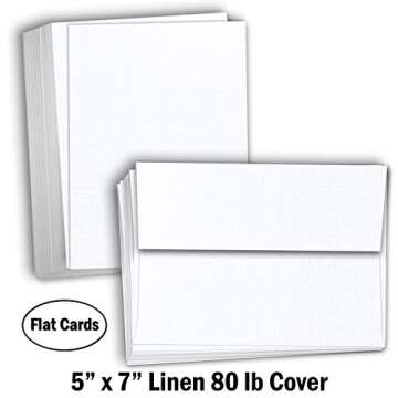 Hamilco White Linen Cards and Envelopes - Flat 5" x 7" Cardstock Paper 80lb Cover 100 Pack