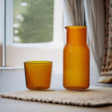 Sappiedear Bedside Glass Water Carafe Set with Cup, Glass Carafe with Lid Mouthwash Cups for Bedroom Bathroom Juice Wine Milk 19oz Amber