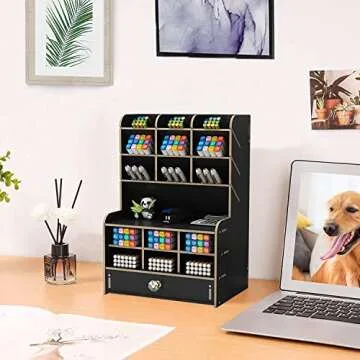Marbrasse Wooden Desk Organizer, Multi-Functional Pen Holder, Desktop Stationary Organizer, Storage Rack for School Home Office Art Supplies (B16-Black)