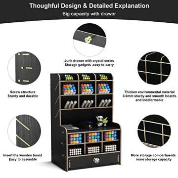 Marbrasse Wooden Desk Organizer, Multi-Functional Pen Holder, Desktop Stationary Organizer, Storage Rack for School Home Office Art Supplies (B16-Black)
