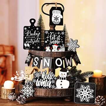 BBTO 14 Pcs Winter Tiered Tray Decor Black and White Snowflake Table Wood Decor Hello Winter Wood Blocks Signs for Winter Home Decor(Classic Style)
