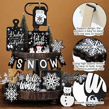 BBTO 14 Pcs Winter Tiered Tray Decor Black and White Snowflake Table Wood Decor Hello Winter Wood Blocks Signs for Winter Home Decor(Classic Style)
