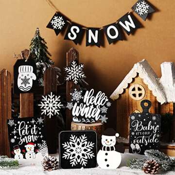 BBTO 14 Pcs Winter Tiered Tray Decor Black and White Snowflake Table Wood Decor Hello Winter Wood Blocks Signs for Winter Home Decor(Classic Style)