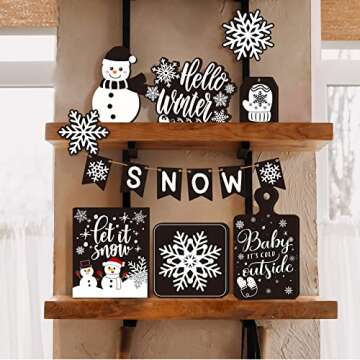 BBTO 14 Pcs Winter Tiered Tray Decor Black and White Snowflake Table Wood Decor Hello Winter Wood Blocks Signs for Winter Home Decor(Classic Style)