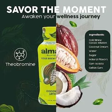 Almah Cacao Cold Brew Variety Pack - Coconut Latte & Original Dark Flavor - Plant Based Coffee Alternative Natural Energy Drink, Dairy-Free, Refreshing Coffee Substitute (6 Pack)