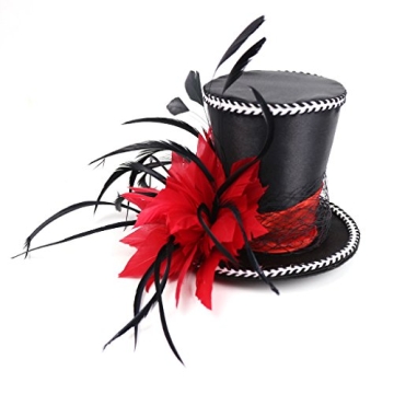 KOBTOKFY Mini Top Hat Fascinator with Red Feathers