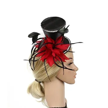 KOBTOKFY Mini Top Hat Fascinator with Red Feathers