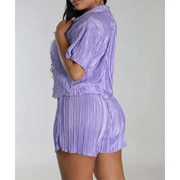 Theenkoln Women's Casual 2 Piece Outfits Shorts Sleeve Button Down Blouse and Shorts Set Purple Xlarge