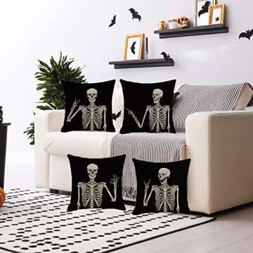 Skeleton Throw Pillow Covers 18x18, Black Skull Outdoor Accent Pillows Case, Decorative Pillow Cover...