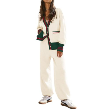 Women's 2 Piece Outfit Lounge Set Trendy Cardigan Sweater Pants Sets V Neck Button Pocket Knit Match...