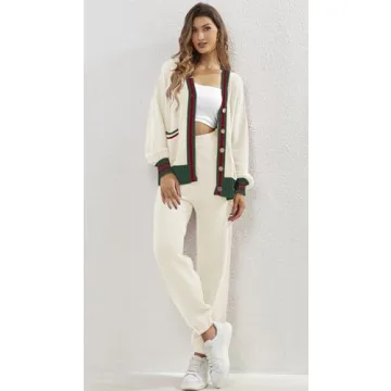 Women's 2 Piece Outfit Lounge Set Trendy Cardigan Sweater Pants Sets V Neck Button Pocket Knit Matching Loungewear (Contrast White, M)