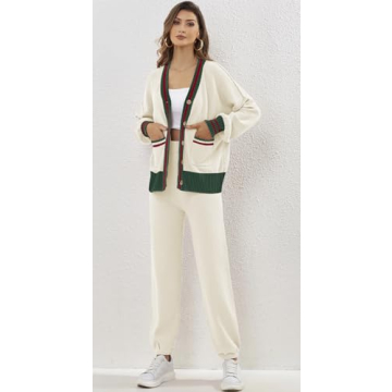 Women's 2 Piece Outfit Lounge Set Trendy Cardigan Sweater Pants Sets V Neck Button Pocket Knit Matching Loungewear (Contrast White, M)