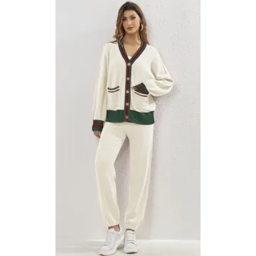 Women's 2 Piece Outfit Lounge Set Trendy Cardigan Sweater Pants Sets V Neck Button Pocket Knit Matching Loungewear (Contrast White, M)