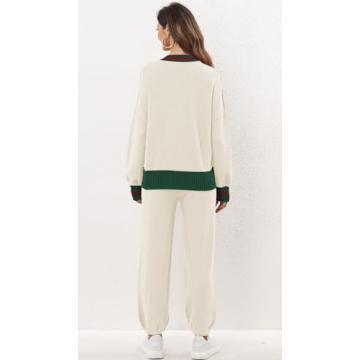 Women's 2 Piece Outfit Lounge Set Trendy Cardigan Sweater Pants Sets V Neck Button Pocket Knit Matching Loungewear (Contrast White, M)