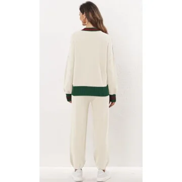 Women's 2 Piece Outfit Lounge Set Trendy Cardigan Sweater Pants Sets V Neck Button Pocket Knit Matching Loungewear (Contrast White, M)